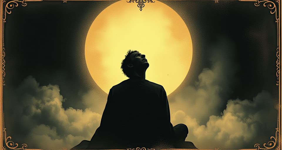  a silhouetted figure seated in the glow of a radiant light source, head tilted upwards, longing expression, contrasts of light and dark, yearning for solace. an illustration in the style of a worn, mystical old tarot trump card, mysterious and elements of surrealism. the colors are muted, somber and eerie, but with contrast bring out an occult and esoteric vibe.