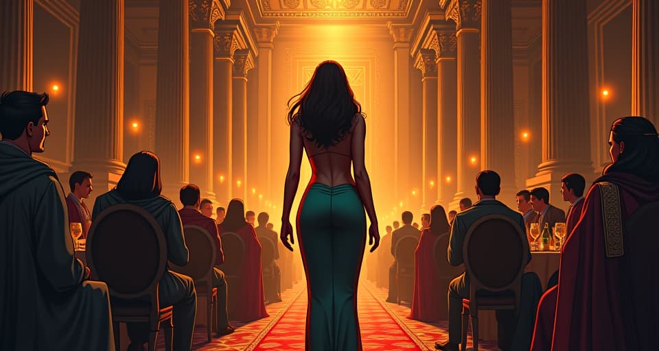  a regal banquet hall in turmoil, nobles and advisors exhibited in chaotic array, heads lowered, simultaneously camera focuses on a large busted woman in an elegant, tight dress standing resolute, atmosphere of unexpected autonomous strength. the style is digital art illustration / modern comic book / mysterious occult, symbolic, esoteric vibe,high detail on character design, incorporating ancient egyptian symbology and attire.