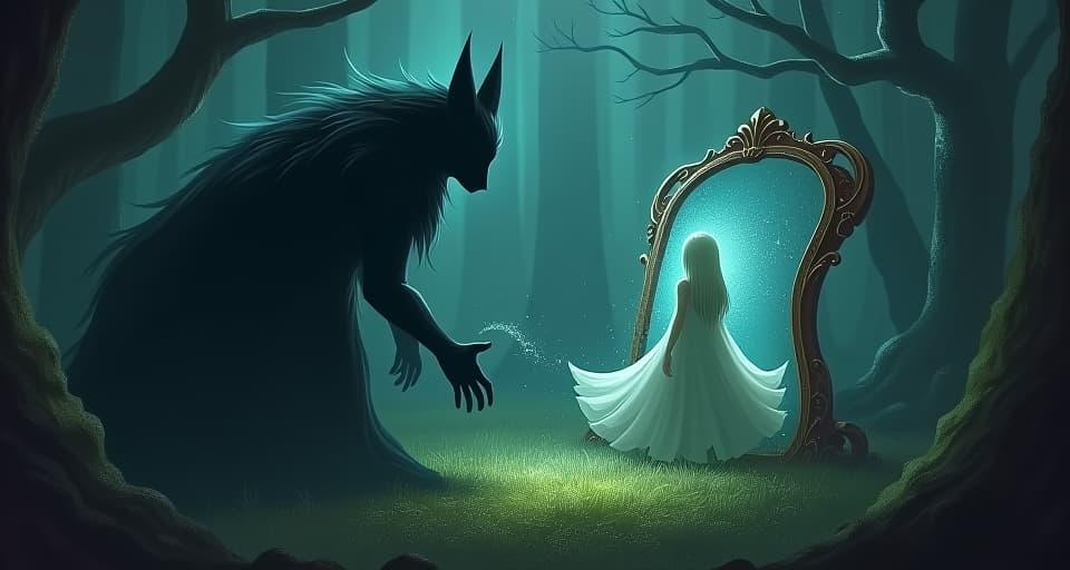  a shadowy being clashing with an ethereal figure, their own dark reflection clearly visible in an enchanted mirror. magical forest, intense, fateful struggle.. the style is digital art illustration,highly detailed, whimsical,magical, dreamlike atmosphere, realism and fantasy blend, smooth, glossy textures,luminous quality, wonder and enchantment.