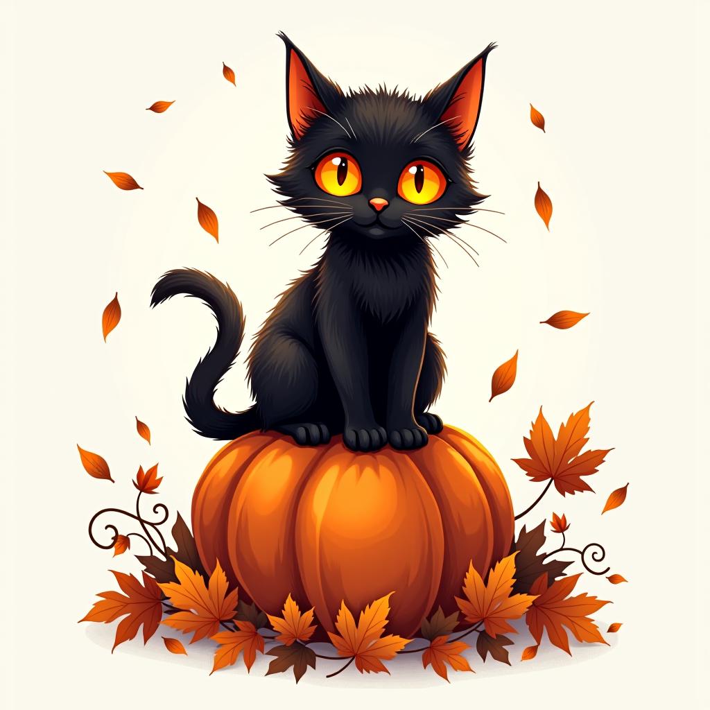  a cute black cat with glowing eyes sitting on a pumpkin, surrounded by swirling autumn leaves in a whimsical style, with warm, moody lighting. t shirt design, vector, contour, white background, no mockup hyperrealistic, full body, detailed clothing, highly detailed, cinematic lighting, stunningly beautiful, intricate, sharp focus, f/1. 8, 85mm, (centered image composition), (professionally color graded), ((bright soft diffused light)), volumetric fog, trending on instagram, trending on tumblr, HDR 4K, 8K