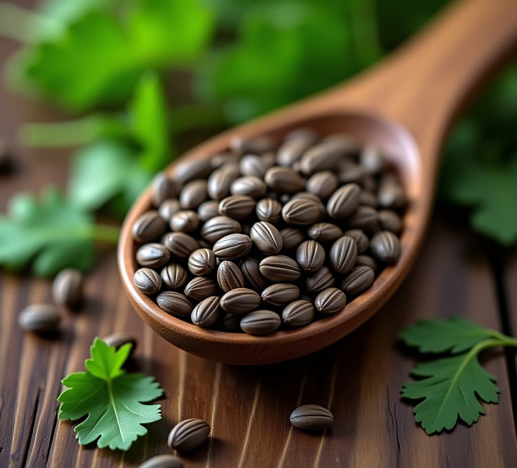  close up of perilla seeds in a small wooden spoon, surrounded by fresh perilla leaves, on a rustic wooden background, evoking a sense of natural simplicity.