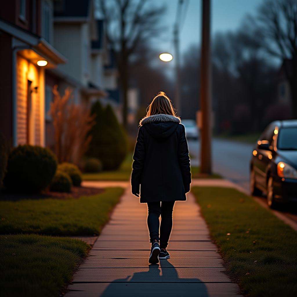  the tired woman is walking home from work.