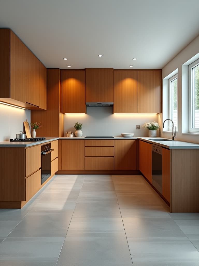  high quality portrait photo of a contemporary kitchen with warm wood cabinets and light gray large format porcelain tile flooring, shot from a low angle to emphasize the seamless expanse hyperrealistic, full body, detailed clothing, highly detailed, cinematic lighting, stunningly beautiful, intricate, sharp focus, f/1. 8, 85mm, (centered image composition), (professionally color graded), ((bright soft diffused light)), volumetric fog, trending on instagram, trending on tumblr, HDR 4K, 8K