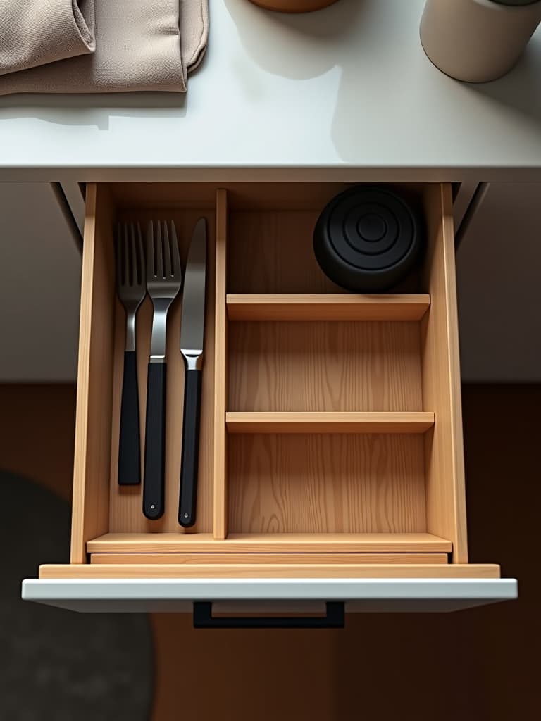  high quality portrait photo of an artistic overhead view of a small kitchen drawer filled with a custom made utensil organizer, featuring diagonal compartments and a sleek, minimalist design in natural wood tones hyperrealistic, full body, detailed clothing, highly detailed, cinematic lighting, stunningly beautiful, intricate, sharp focus, f/1. 8, 85mm, (centered image composition), (professionally color graded), ((bright soft diffused light)), volumetric fog, trending on instagram, trending on tumblr, HDR 4K, 8K