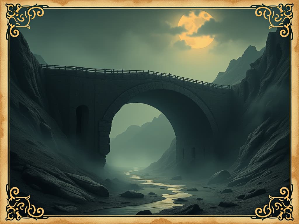  a dark crumbling bridge disintegrating into a void, mist and shadows engulfing it, atmosphere of abandonment and falling away. an illustration in the style of a worn, mystical old tarot trump card, mysterious and elements of surrealism. the colors are muted, somber and eerie, but with contrast bring out an occult and esoteric vibe.