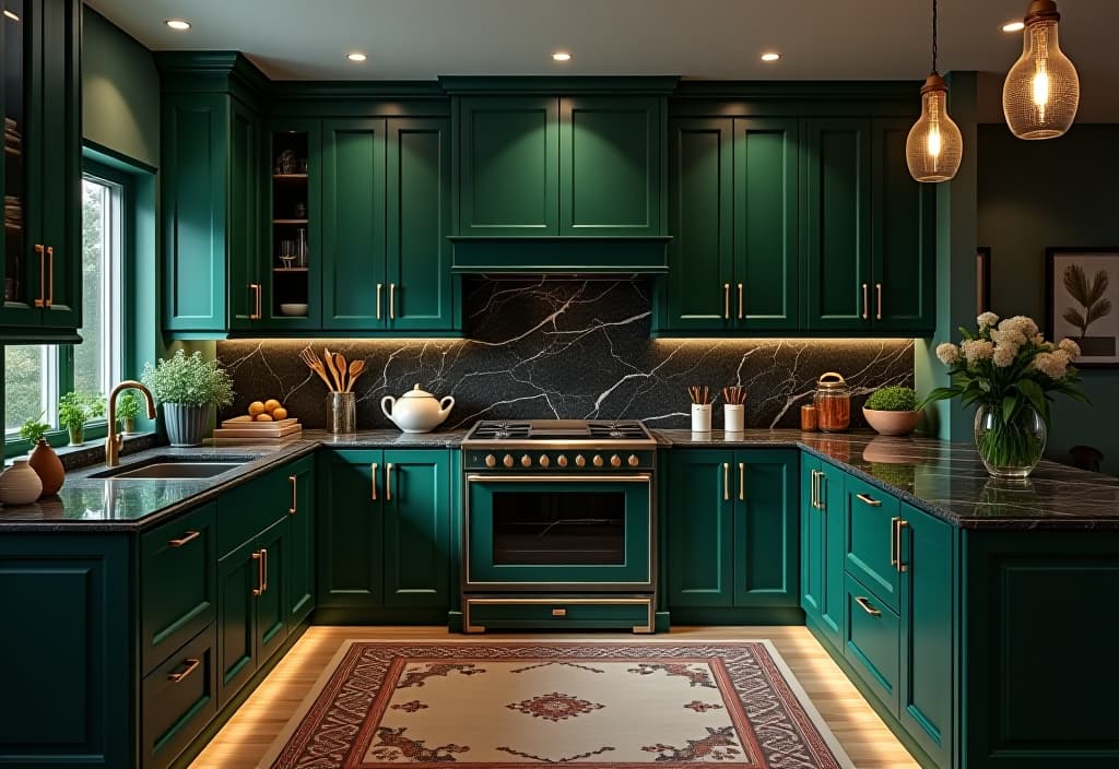  a landscape photo of an elegant kitchen with deep emerald green cabinets, gold hardware, and a dramatic black marble backsplash illuminated by pendant lights hyperrealistic, full body, detailed clothing, highly detailed, cinematic lighting, stunningly beautiful, intricate, sharp focus, f/1. 8, 85mm, (centered image composition), (professionally color graded), ((bright soft diffused light)), volumetric fog, trending on instagram, trending on tumblr, HDR 4K, 8K