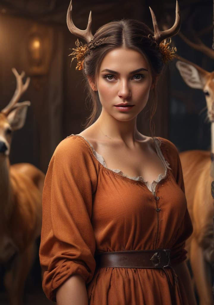 women lslamek long derss and deer looking in camera highly detailed,studio lighting,professional,vivid colors, cinematic lighting, HDR, UHD, 4K, 8k, 64K