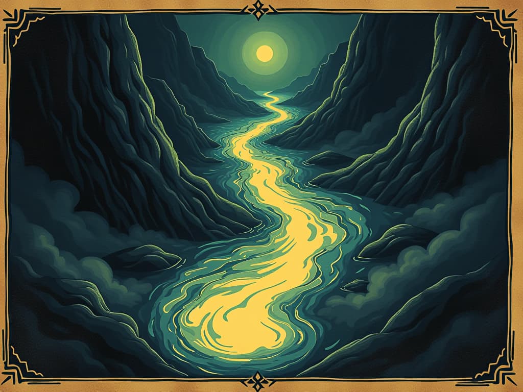  a flowing river of glowing energy, meandering through a dark landscape, illuminating the surroundings, ethereal, invigorating. an illustration in the style of a worn, mystical old tarot trump card, mysterious and elements of surrealism. the colors are muted, somber and eerie, but with contrast bring out an occult and esoteric vibe.