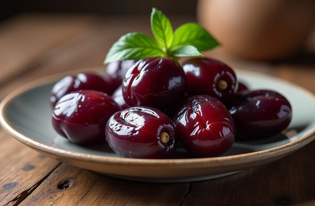  food gourmet photography style, a beautifully presented platter of glossy, plump prunes glistening in soft natural light. a textured wooden table in the background adds rustic charm. shot close up to capture the rich, deep colors and subtle wrinkles of the prunes, with a subtle vignette effect to draw attention to the main subject. ar 3:2, appetizing, professional, culinary, high resolution, commercial, highly detailed ,soft natural lighting, macro details, vibrant colors, fresh ingredients, glistening textures, bokeh background, styled plating, wooden tabletop, garnished, tantalizing, editorial quality