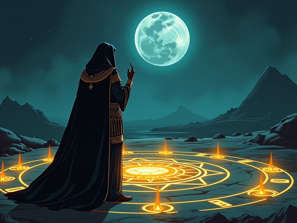  priest conducting a ritual under the full moon, energy circles forming, potent and powerful. the style is digital art illustration / modern comic book / mysterious occult, symbolic, esoteric vibe,high detail on character design, incorporating ancient egyptian symbology and attire.