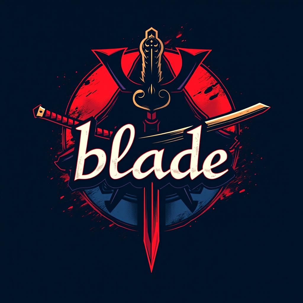  logo, emblem logo, with the written text ‘blade’, samurai theme, red and blue.