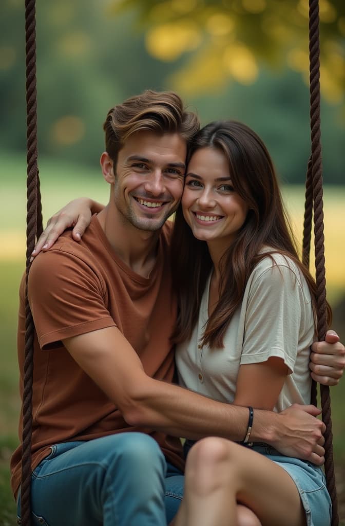  young couple sitting hugging on a swing, nature in the background, ar 2:3, (natural skin texture), highly detailed face, depth of field, hyperrealism, soft light, muted colors