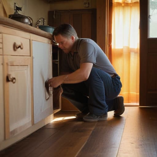 A photo of a skilled technician carefully adjusting the gas connection in a rustic kitchen during the late afternoon, with warm sunlight streaming through a small window, casting long shadows across the worn wooden floor.