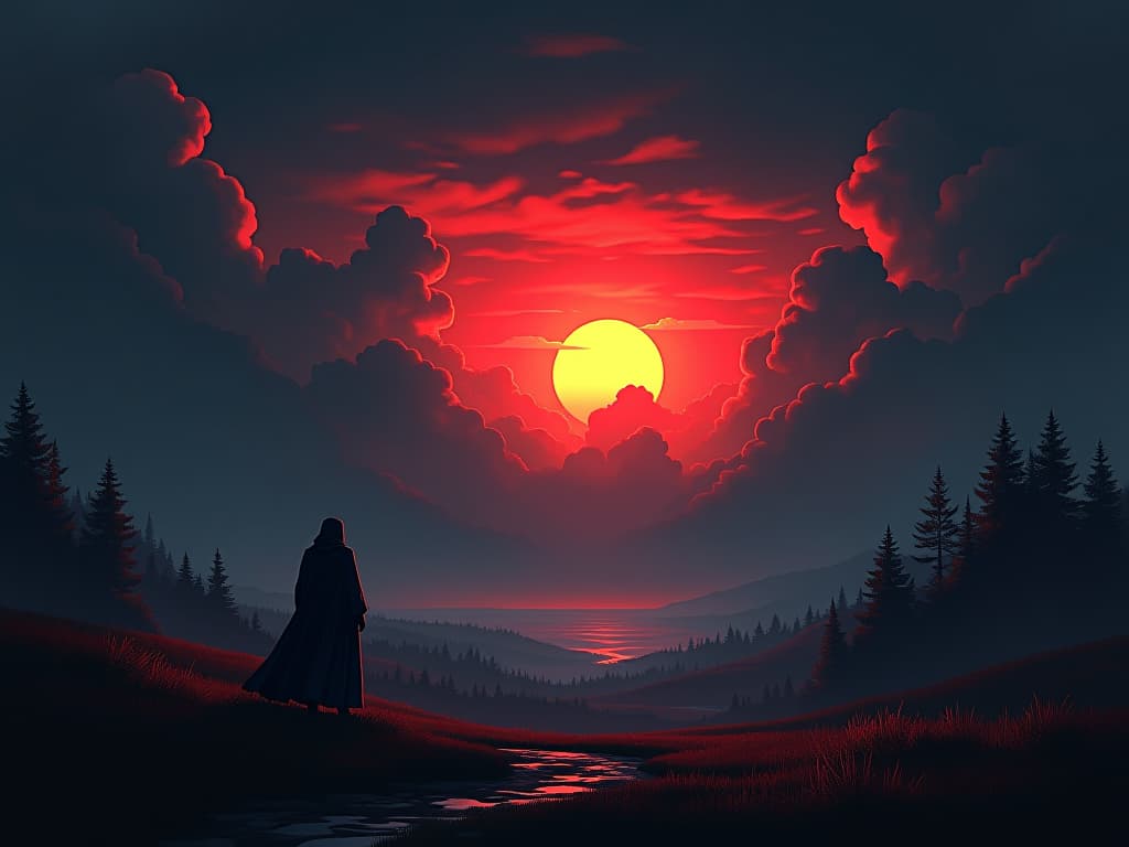  sun breaking through storm clouds, illuminating the serene landscape, atmosphere of calm after a storm. the style is digital art illustration / modern comic book / graphic dark novel fantasy and mysterious occult, symbolic, moody lighting, esoteric vibe,high detail on character design. for the color scheme emphasize blacks and reds.