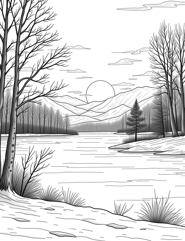  this is for an adult coloring page. a detailed black and white line art of a snowy winter sunrise over a frozen lake on a solid white background.