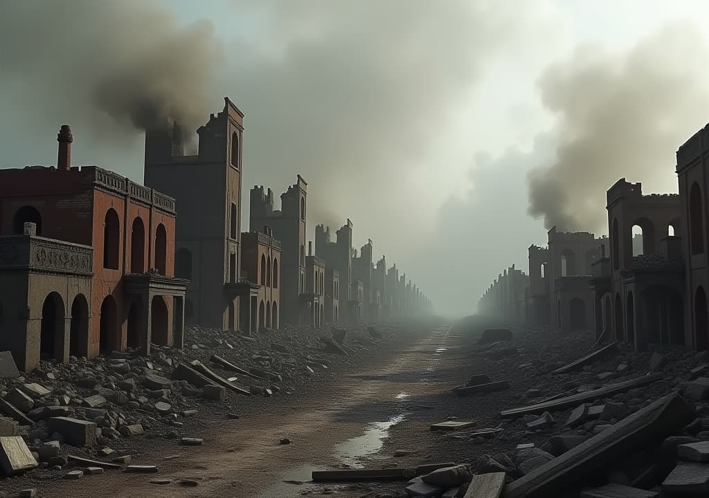  destroyed town with collapsing structures after war.