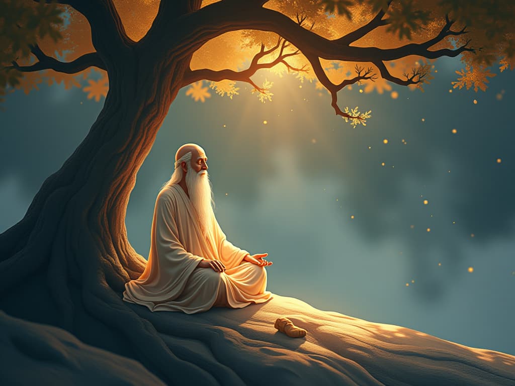  a wise, ethereal sage in translucent robes meditating under a glowing tree. the scene is serene, with an air of enlightenment and peaceful reflection.. the style is digital art illustration,highly detailed, whimsical,magical, dreamlike atmosphere, realism and fantasy blend, smooth, glossy textures,luminous quality, wonder and enchantment.