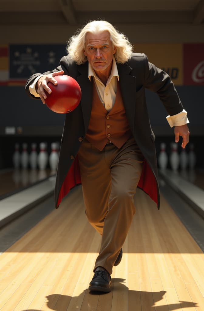  sir isaac newton is realistic, standing leaning forward, throwing a bowling ball with his right hand in front of his full arm, having fun. bowling alley scene, very bright sunlight, cinematic, 8k uhd., realistic, portrait, art by donato giancola and greg rutkowski, realistic face, digital art, trending on artstation hyperrealistic, full body, detailed clothing, highly detailed, cinematic lighting, stunningly beautiful, intricate, sharp focus, f/1. 8, 85mm, (centered image composition), (professionally color graded), ((bright soft diffused light)), volumetric fog, trending on instagram, trending on tumblr, HDR 4K, 8K