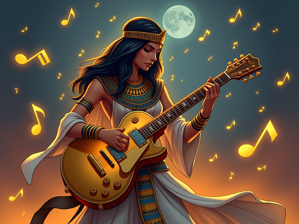  youthful figure in egyptian garb, fingers dancing on a golden guitar, surrounded by musical notes in the air, twilight setting, aura of effortless talent. the style is digital art illustration / modern comic book / mysterious occult, symbolic, esoteric vibe,high detail on character design, incorporating ancient egyptian symbology and attire.