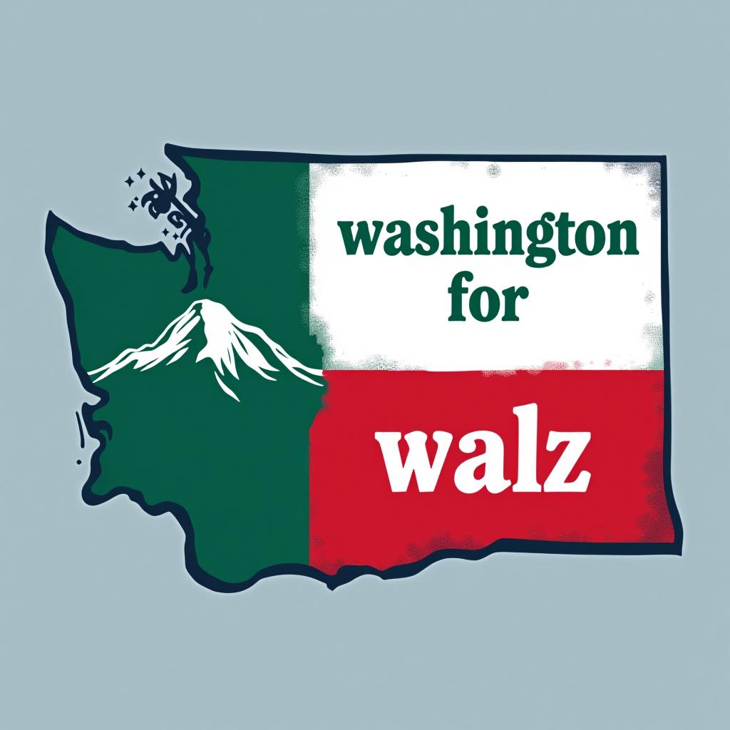  a tshirt design inspired by the washington state flag. the left side features a green vertical stripe with a large mountain in the center. the right side is divided into two horizontal sections: the top section is white with the text 'washington for' in bold, green, uppercase letters, and the bottom section is red with the text 'harris walz' in bold, white, uppercase letters. the overall layout is clean and straightforward, with a clear and patriotic color scheme of blue, white, and red.