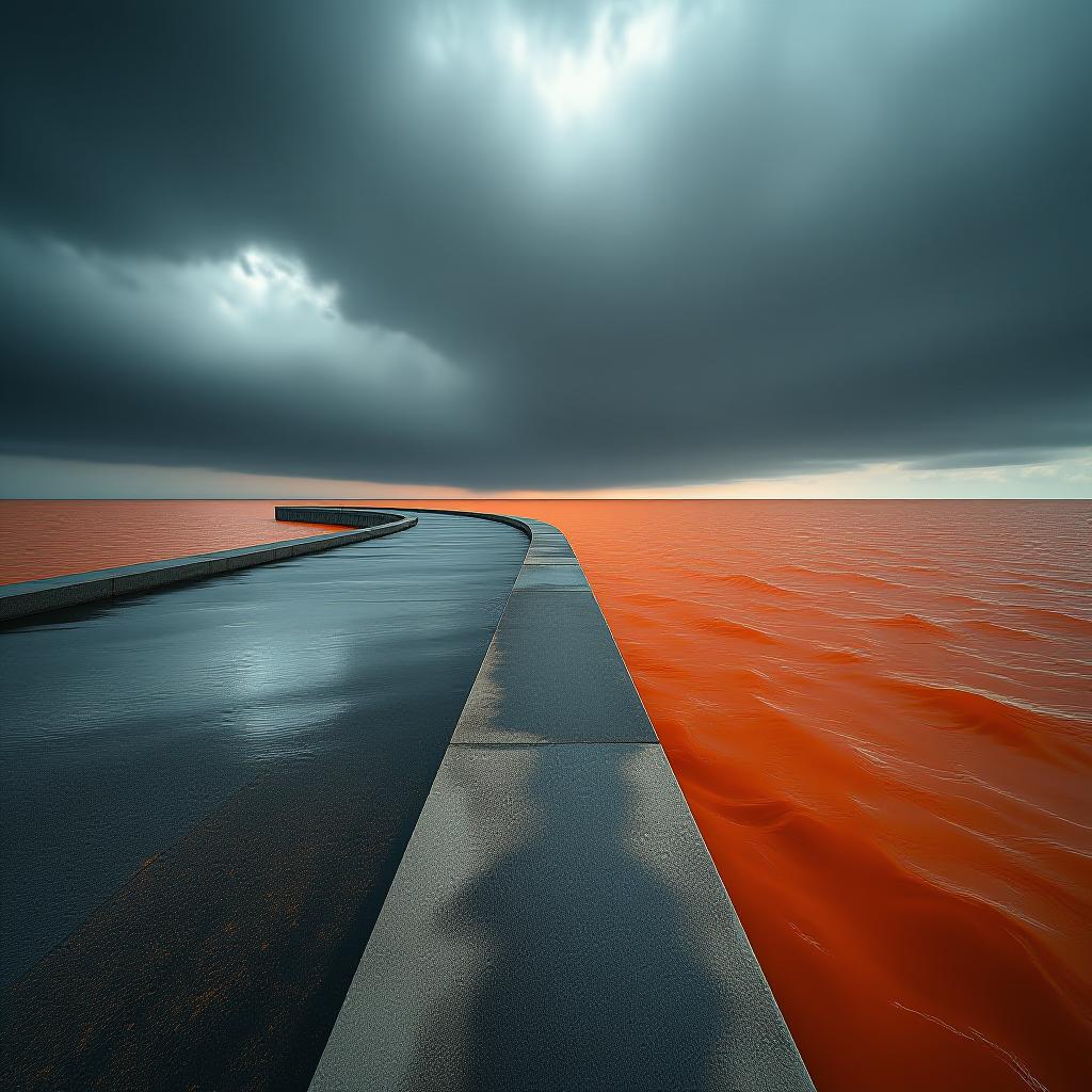  hyperrealistic art hdr foto, on concrete embankment of storm, deep orange color water in sea, grey tone sky, , curvy horizon line landscape , low angle view, 4k, artificial extremely high resolution details, photographic, realism pushed to extreme, fine texture, incredibly lifelike, complex background, uhd . extremely high resolution details, photographic, realism pushed to extreme, fine texture, incredibly lifelike