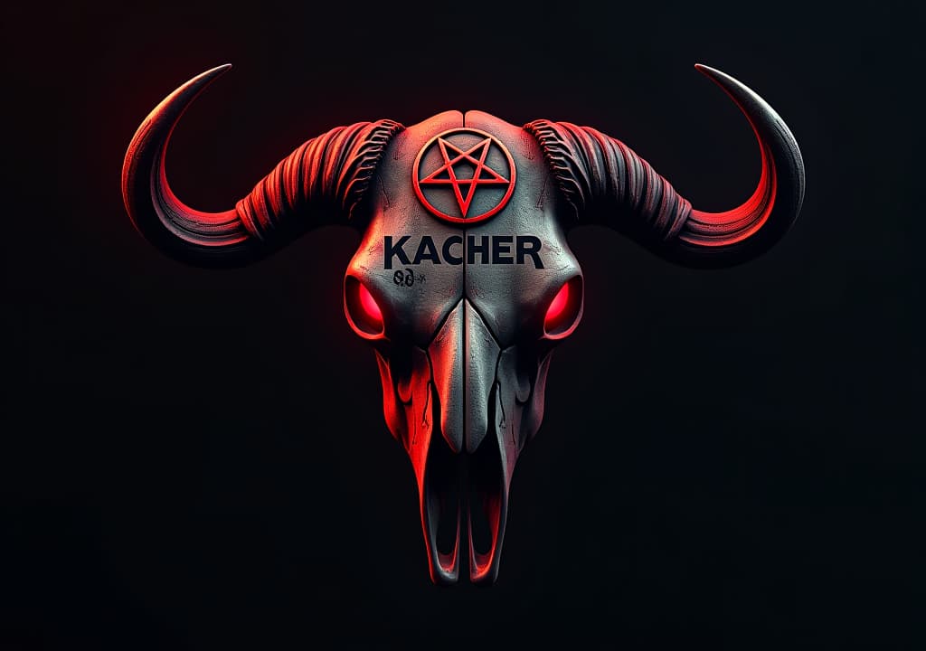  a dark and gritty, street style logo for "kacher", evoking a raw, rock and roll vibe. the design features a vintage, evil buffalo skull with glowing red eyes, a prominent satanic symbol, and the number 666 etched into the bone. the overall aesthetic is bloody, low contrast, and low saturation, with cinematic lighting casting long, dramatic shadows. the typography should be bold, gritty, and slightly distressed, reflecting the rough edges of the design. hyper detail, intricate details, sharp focus, high resolution, 8k, ultra detailed, vib