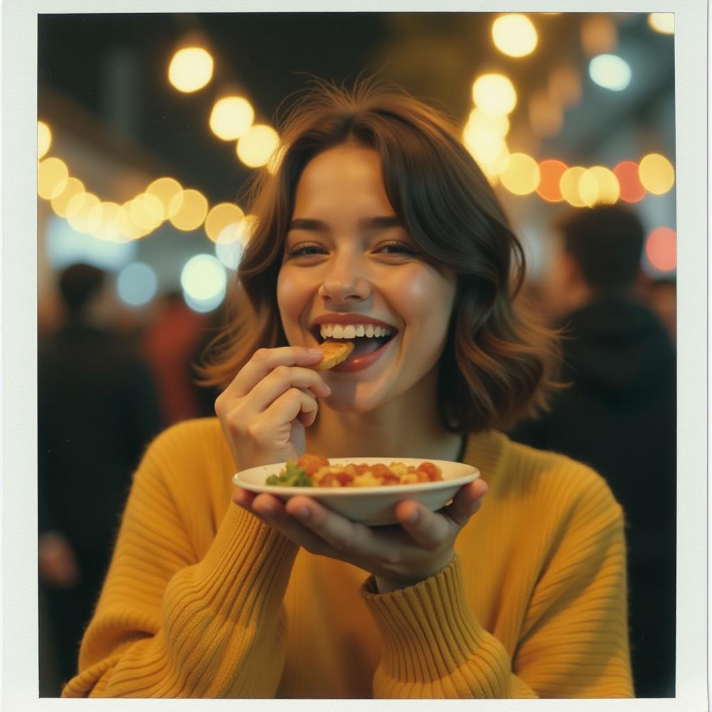  a polaroid photo with polaroid border of a beautiful young woman wearing yellow sweater eating street food by hands with open mouth feeling happines, the photo has made on the food festival, artificial light