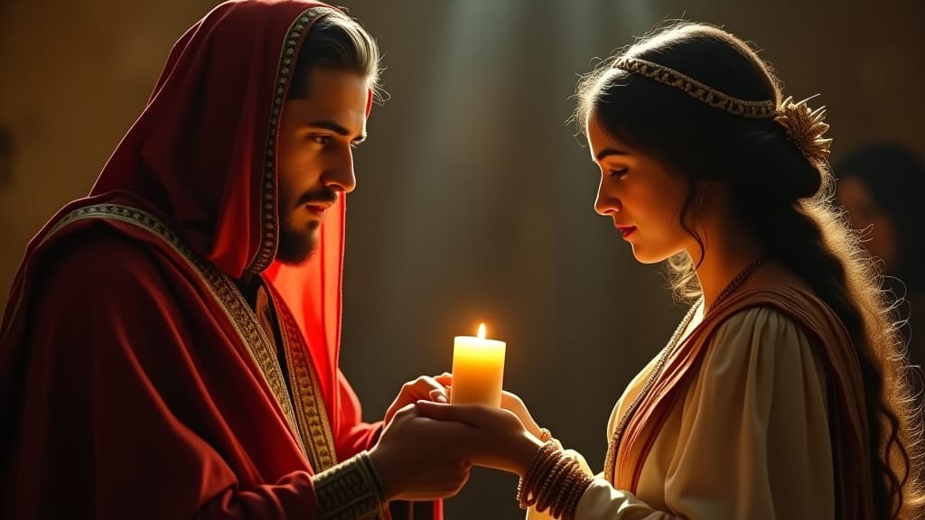  history of biblical times, the servant presenting rebecca with a golden nose ring and bracelets, showcasing the moment when they seal the connection between their families. hyperrealistic, full body, detailed clothing, highly detailed, cinematic lighting, stunningly beautiful, intricate, sharp focus, f/1. 8, 85mm, (centered image composition), (professionally color graded), ((bright soft diffused light)), volumetric fog, trending on instagram, trending on tumblr, HDR 4K, 8K