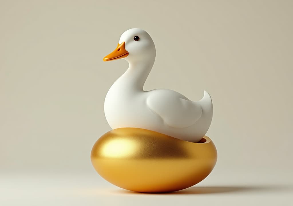  a white duck sits on a gold egg