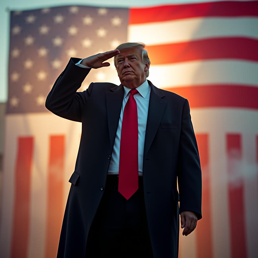  donald trump salute with usa flag in the background hyperrealistic, full body, detailed clothing, highly detailed, cinematic lighting, stunningly beautiful, intricate, sharp focus, f/1. 8, 85mm, (centered image composition), (professionally color graded), ((bright soft diffused light)), volumetric fog, trending on instagram, trending on tumblr, HDR 4K, 8K