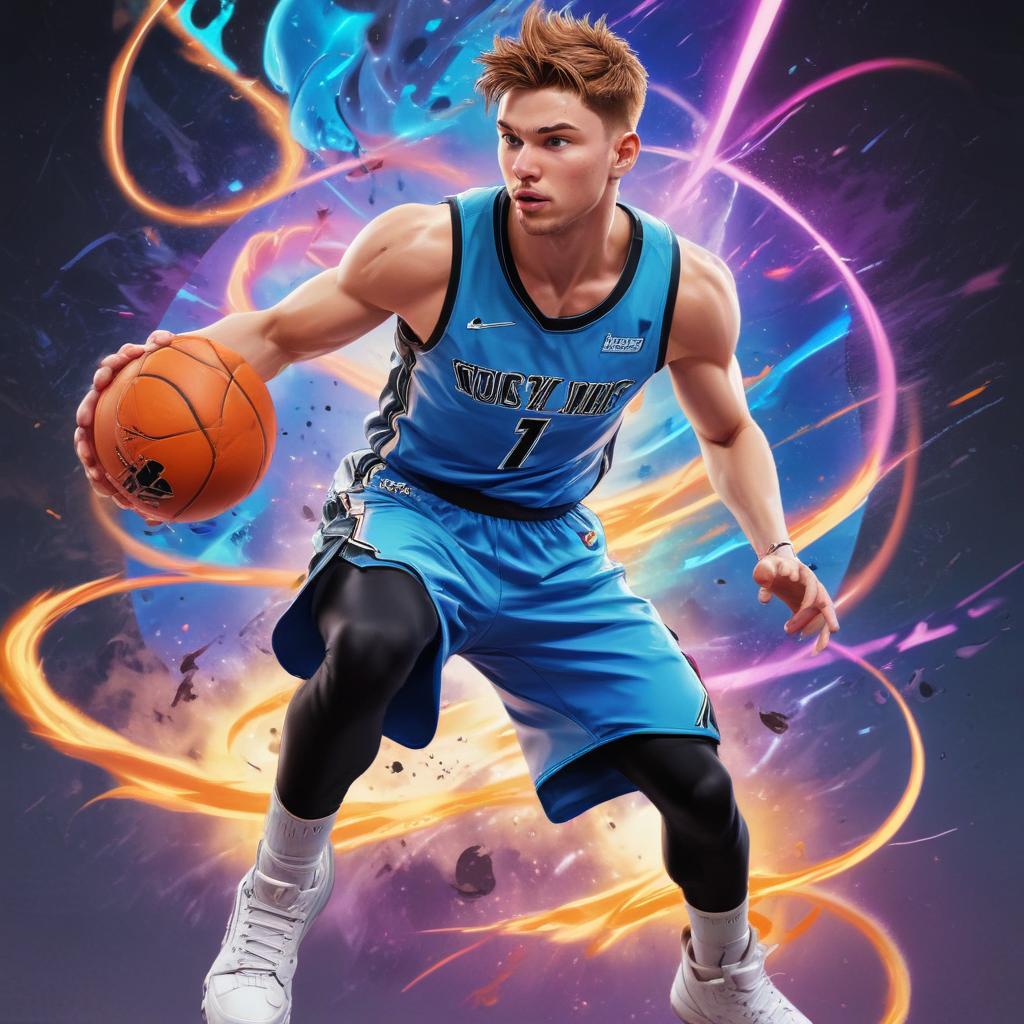 distance-shot, flashy, full-body, dynamic, holographic, animated cartoon poster of luka doncic in the style of dragon ball super