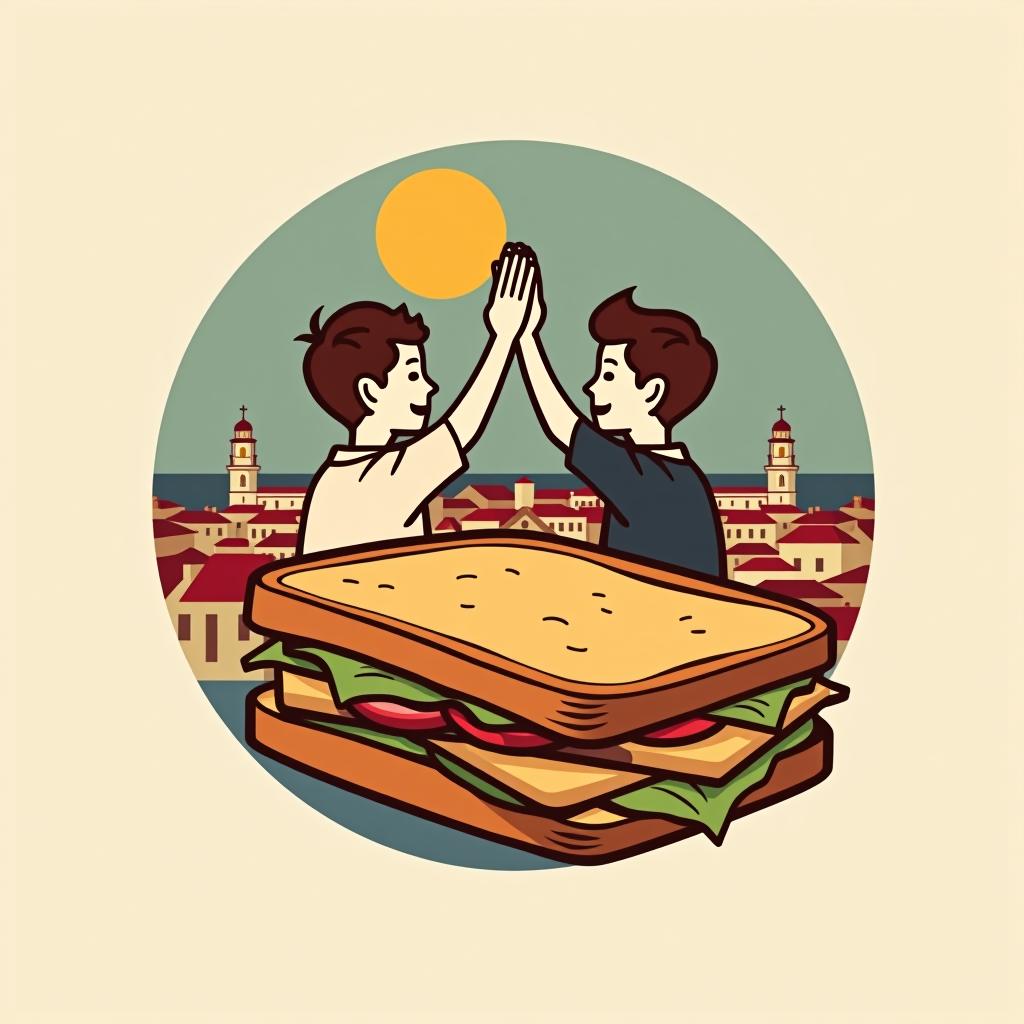  design a logo, in a threedrender style. the name is « sandes dos mano’s », this meaning sandwich of brother , and i have thinked in two brothers get a high five, with one sandwich , background a town like porto, portugal