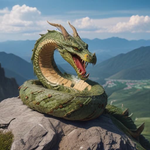 Titanaboa giant dragon-looking snake with horns wrapped around a mountain with Mountains background