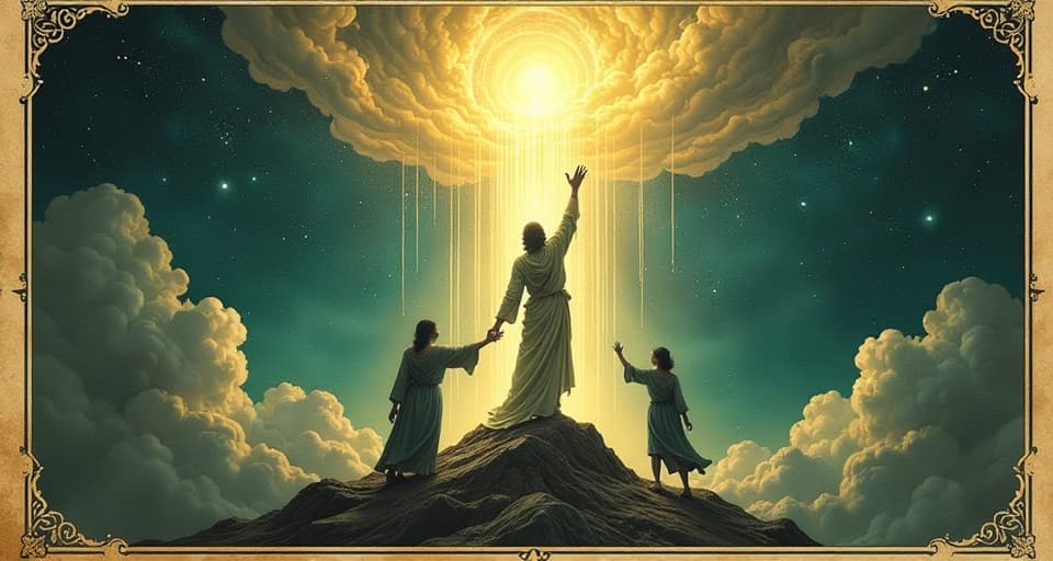  a divine hand reaching down, light cascading from above, figure being lifted, others pushed away, celestial aura, overwhelming presence, sense of destiny, spiritual guidance. an illustration in the style of a worn, mystical old tarot trump card, mysterious and elements of surrealism. the colors are muted, somber and eerie, but with contrast bring out an occult and esoteric vibe.