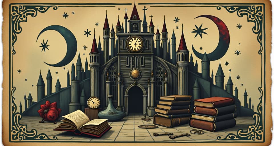  fortress composed of mundane objects like clocks, books, and keys, beginning to fall apart, surreal and symbolic, decay of routine. an illustration in the style of a worn, mystical old tarot trump card, mysterious and elements of surrealism. the colors are muted, somber and eerie, but with contrast bring out an occult and esoteric vibe.