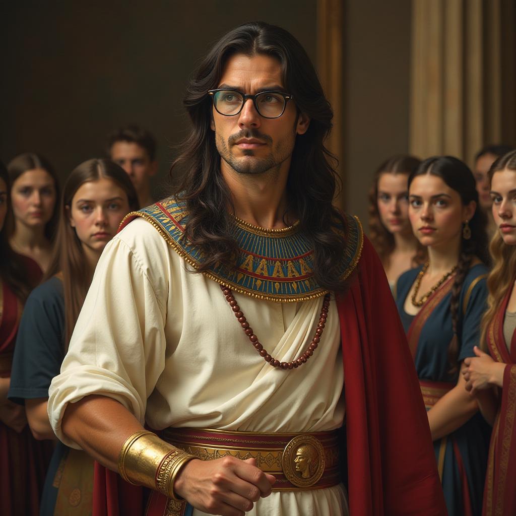  an oil painting, a masterpiece. the perfect costumed history lesson. a dark haired teacher with glasses portrays a pharaoh. the students look at the teacher in amazement. high detail, attention to detail.