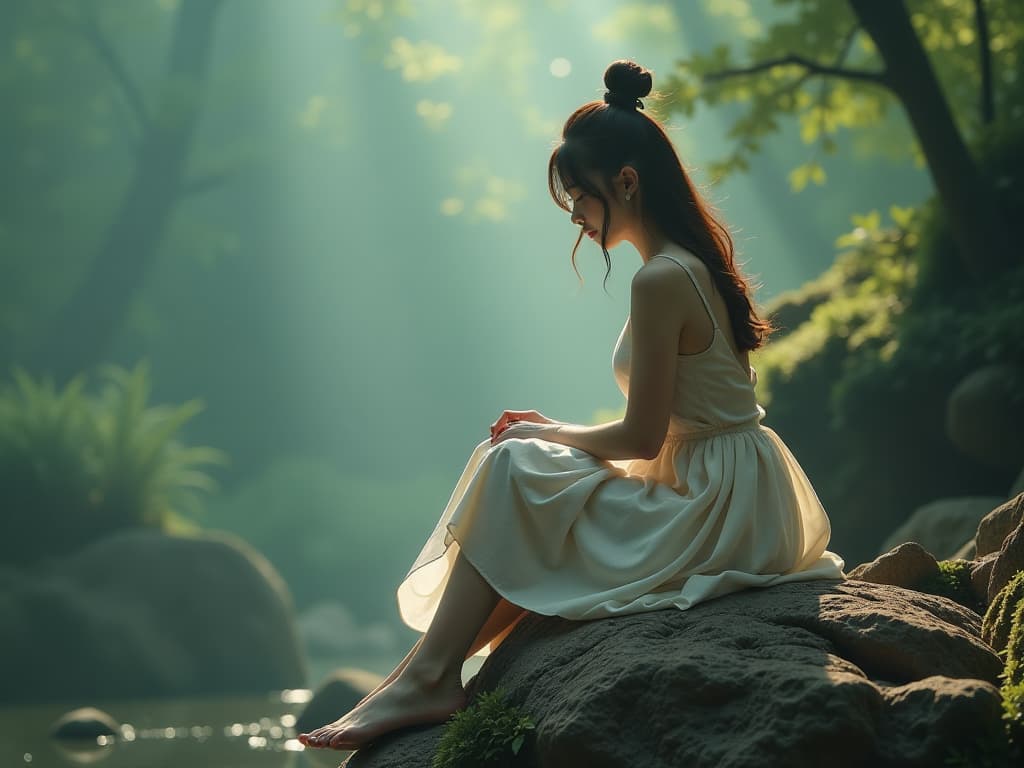  a korean girl doing with a on a rock in jungle hyperrealistic, full body, detailed clothing, highly detailed, cinematic lighting, stunningly beautiful, intricate, sharp focus, f/1. 8, 85mm, (centered image composition), (professionally color graded), ((bright soft diffused light)), volumetric fog, trending on instagram, trending on tumblr, HDR 4K, 8K