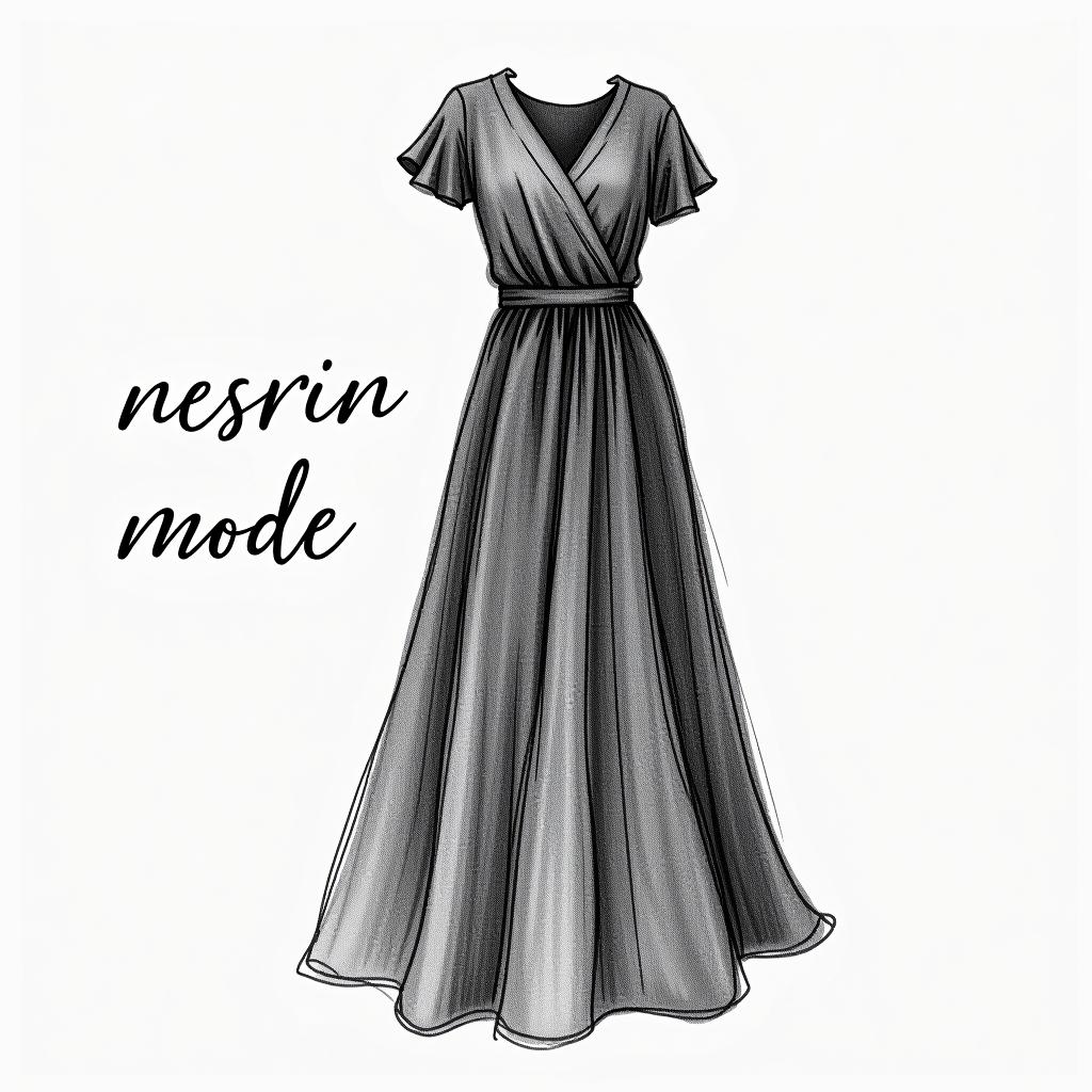  design a logo, in a pencil style. nesrin mode hintergrund schwarz schrift weiß schreibschrift neben ein gezeichnetes langes kleid , with the text 'nesrin mode '.