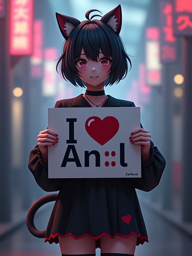  zankuro, large s with skin, smile, , short hair, black hair, cat ears, ponytail, no dress, skin body, stocking, holding sign that says "i love an*l" in hands up hyperrealistic, full body, detailed clothing, highly detailed, cinematic lighting, stunningly beautiful, intricate, sharp focus, f/1. 8, 85mm, (centered image composition), (professionally color graded), ((bright soft diffused light)), volumetric fog, trending on instagram, trending on tumblr, HDR 4K, 8K