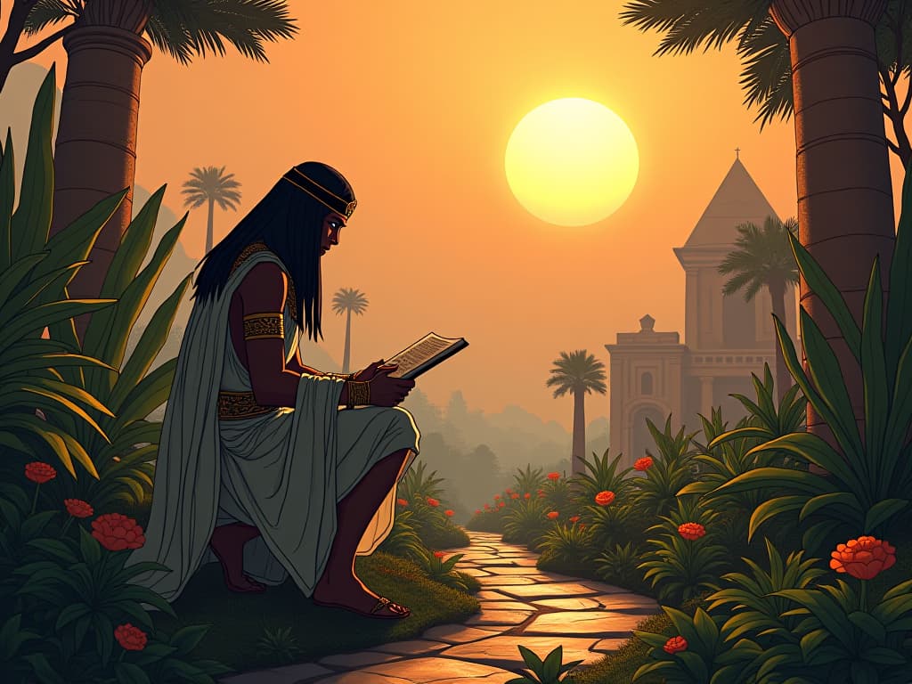  scribe, meticulously tending to a flourishing ancient garden, lush with diverse plants, symbolizing a well rounded financial portfolio, under the warm glow of the rising sun. the style is digital art illustration / modern comic book / mysterious occult, symbolic, esoteric vibe,high detail on character design, incorporating ancient egyptian symbology and attire.