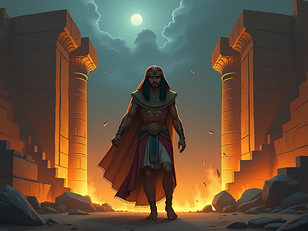  ancient structures being reshaped and rebuilt, glowing with new energy, a mood of authenticity and rebuilding. the style is digital art illustration / modern comic book / mysterious occult, symbolic, esoteric vibe,high detail on character design, incorporating ancient egyptian symbology and attire.