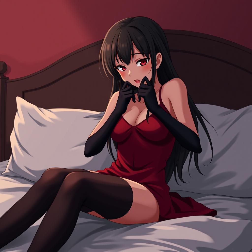  anime girl succubus in black satin gloves, red dress, stockings sits on the bed and strangles herself with her hands