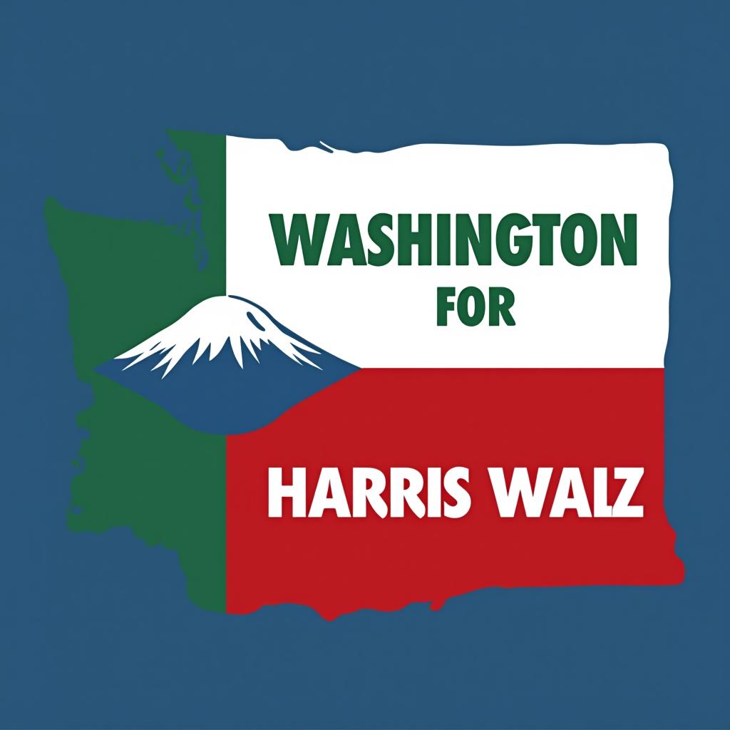  a tshirt design inspired by the washington state flag. the left side features a green vertical stripe with a large mountain in the center. the right side is divided into two horizontal sections: the top section is white with the text 'washington for' in bold, green, uppercase letters, and the bottom section is red with the text 'harris walz' in bold, white, uppercase letters. the overall layout is clean and straightforward, with a clear and patriotic color scheme of blue, white, and red.