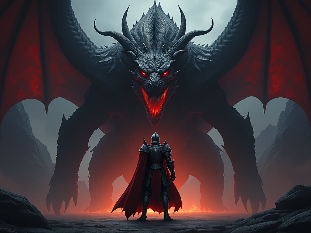  a knight in gleaming armor standing before a vast, roaring dragon. the knight's demeanor is steadfast and resolute, reflecting their strength against overwhelming odds. the background shows a dark, craggy landscape. heroic, powerful, mythic struggle.. the style is dark fantasy and mysterious occult, symbolic, moody lighting, esoteric vibe,high detail on character design. for the color scheme emphasize blacks and reds.