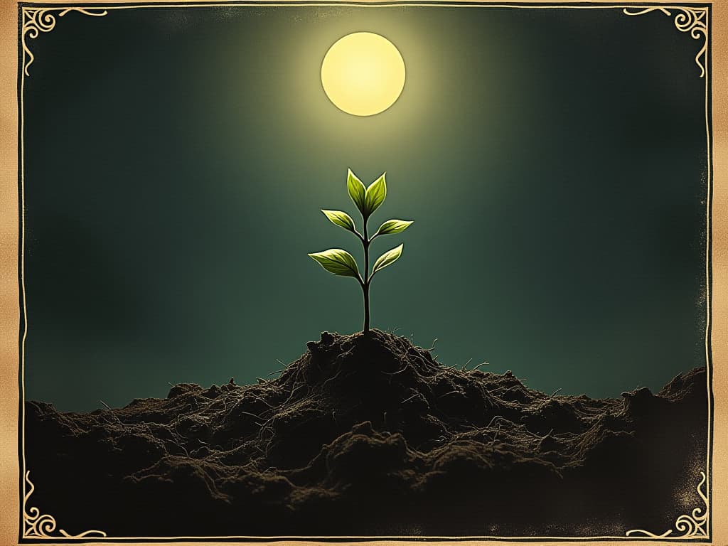  a seedling emerging from dark, nutrient rich soil, gentle glow from above, symbolizing nurturing, potential growth, under the universe's careful watch, serene. an illustration in the style of a worn, mystical old tarot trump card, mysterious and elements of surrealism. the colors are muted, somber and eerie, but with contrast bring out an occult and esoteric vibe.