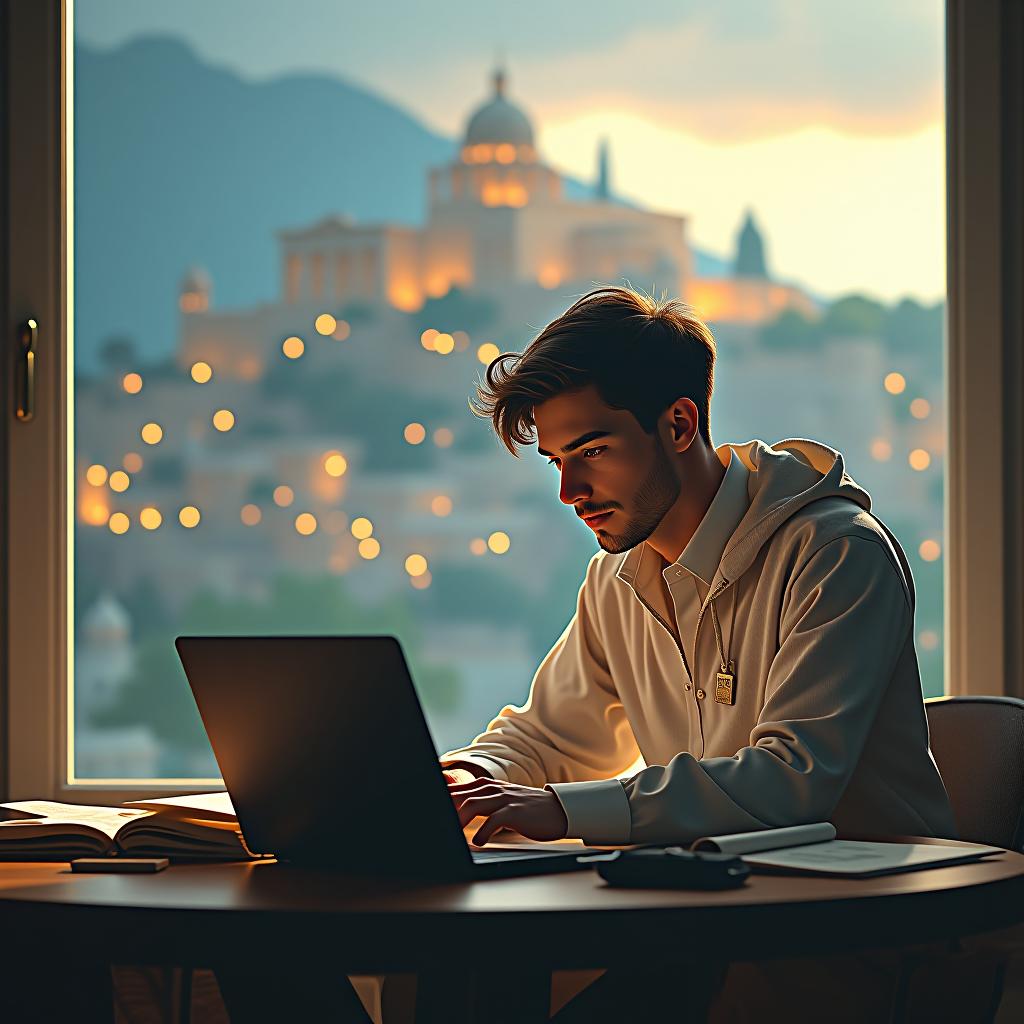  ethereal fantasy concept art of a young man in modern clothes sits at the table and prints something on his laptop and behind him is an ancient greek city. . magnificent, celestial, ethereal, painterly, epic, majestic, magical, fantasy art, cover art, dreamy hyperrealistic, full body, detailed clothing, highly detailed, cinematic lighting, stunningly beautiful, intricate, sharp focus, f/1. 8, 85mm, (centered image composition), (professionally color graded), ((bright soft diffused light)), volumetric fog, trending on instagram, trending on tumblr, HDR 4K, 8K