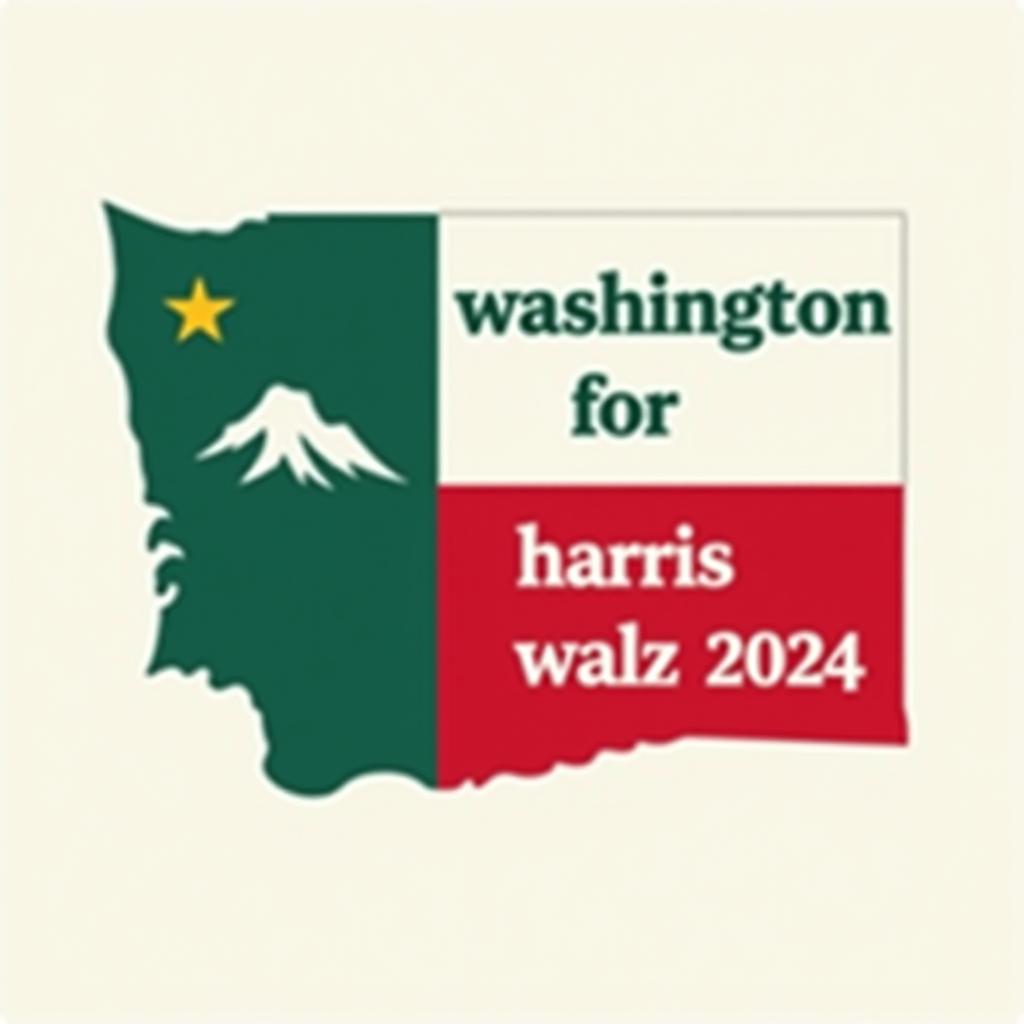  a tshirt design inspired by the washington state flag. the left side features a green vertical stripe with a large mountain in the center. the right side is divided into two horizontal sections: the top section is white with the text 'washington for' in bold, green, uppercase letters, and the bottom section is red with the text 'harris walz 2024' in bold, white, uppercase letters. the overall layout is clean and straightforward, with a clear and patriotic color scheme of blue, white, and red.