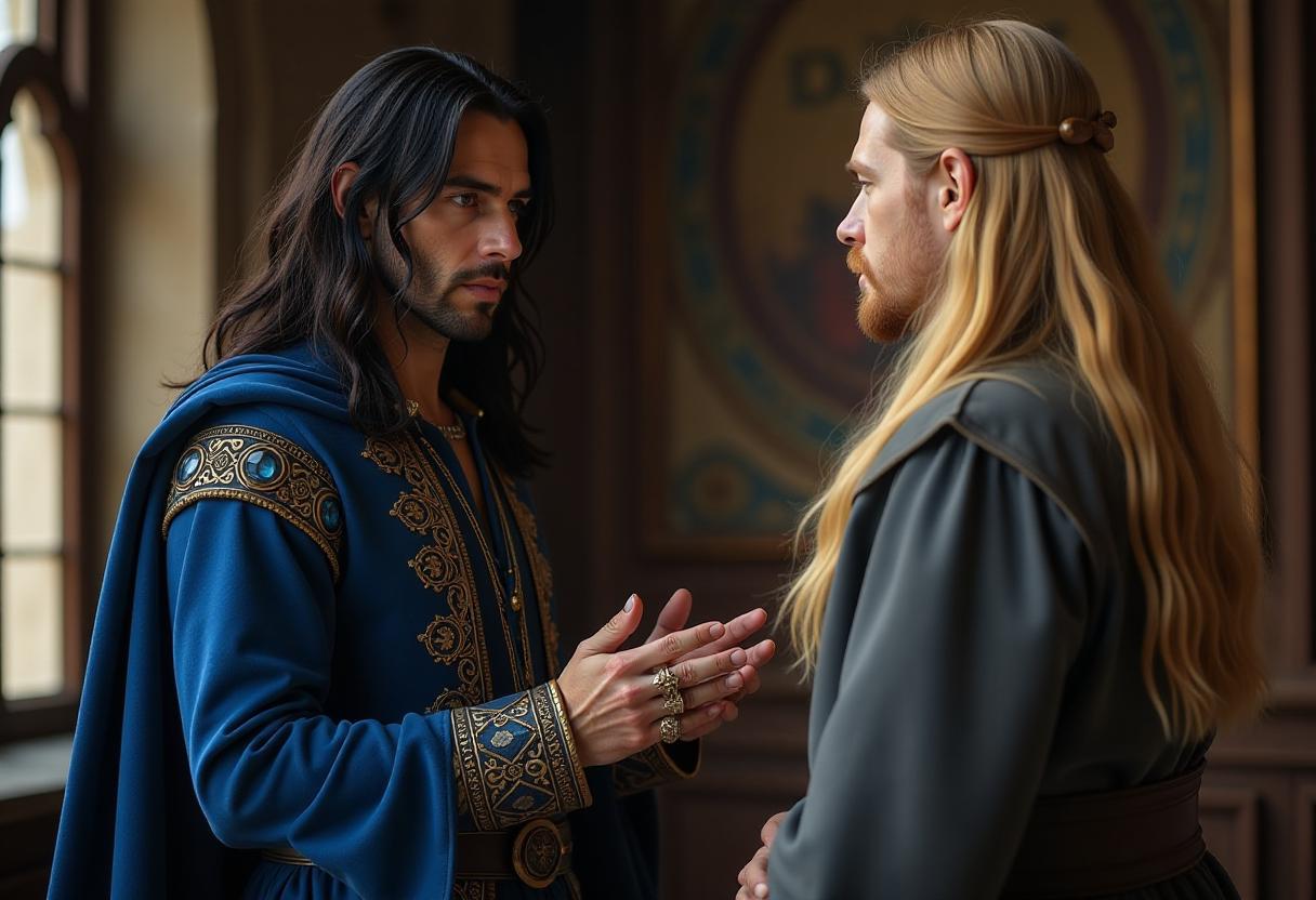  a medieval rich man looking like (jared leto:1.8) is facing a long haired blond interlocutor, who has his back to the viewer, and is explaining something to him. the man has long straight black hair and large bright blue eyes, a (clean unvegetated face:1.7) . he is wearing a rich blue medieval (closed costume:1.7). on his hands are several beautiful gemstone rings. his interlocutor is a tall, broad shouldered (man:1.0) with long (blond:1.5) hair reaching his shoulders and wearing a medieval (gray:1.5) clothes. the setting is that of a luxurious medieval hall in a mansion.