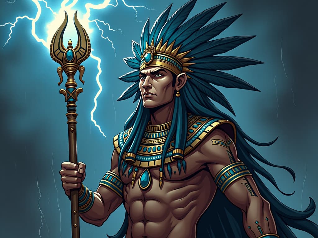  tlaloc, the aztec rain god, adorned in feathered headdress and jewelry, weilding a staff with lightning, summoning a storm, aura of weather control. the style is digital art illustration / modern comic book / mysterious occult, symbolic, esoteric vibe,high detail on character design, incorporating ancient egyptian symbology and attire.