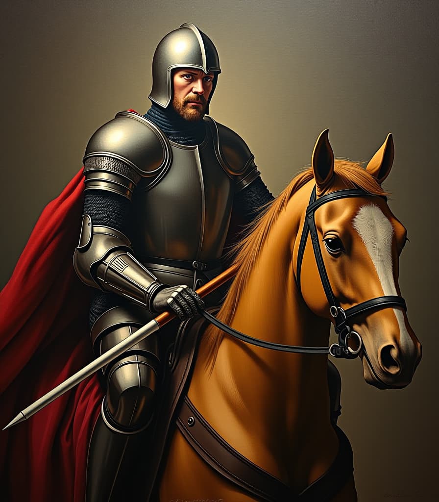  renaissance style masterpiece. (painting, oil painting. knight of a sad image, sitting on a horse, looking at the camera, holding a lance in his hands:1.5). close up. highly detailed strokes, clarity. fantasy, surrealism style. . realistic, perspective, light and shadow, religious or mythological themes, highly detailed hyperrealistic, full body, detailed clothing, highly detailed, cinematic lighting, stunningly beautiful, intricate, sharp focus, f/1. 8, 85mm, (centered image composition), (professionally color graded), ((bright soft diffused light)), volumetric fog, trending on instagram, trending on tumblr, HDR 4K, 8K